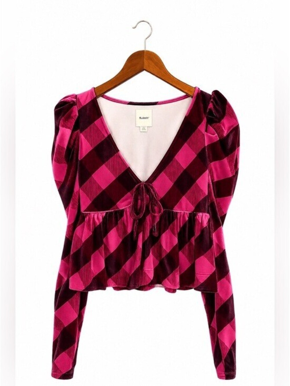 Maeve Anthropologie Pink Buffalo Plaid Puff Sleeve Peplum Top Size XS